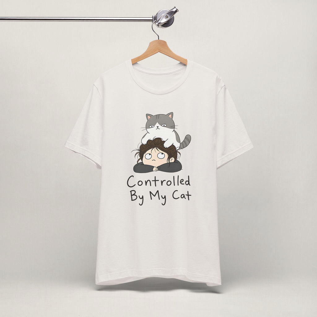 Close-up of Controlled By My Cat print on vintage white unisex t-shirt