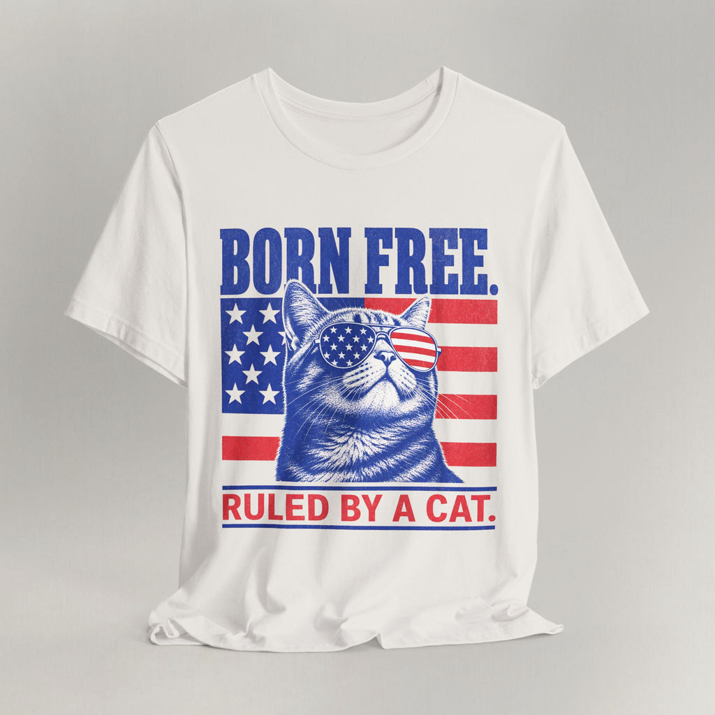 Flat lay of vintage white graphic cat t-shirt with Born Free patriotic cat design