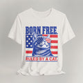 Flat lay of vintage white graphic cat t-shirt with Born Free patriotic cat design
