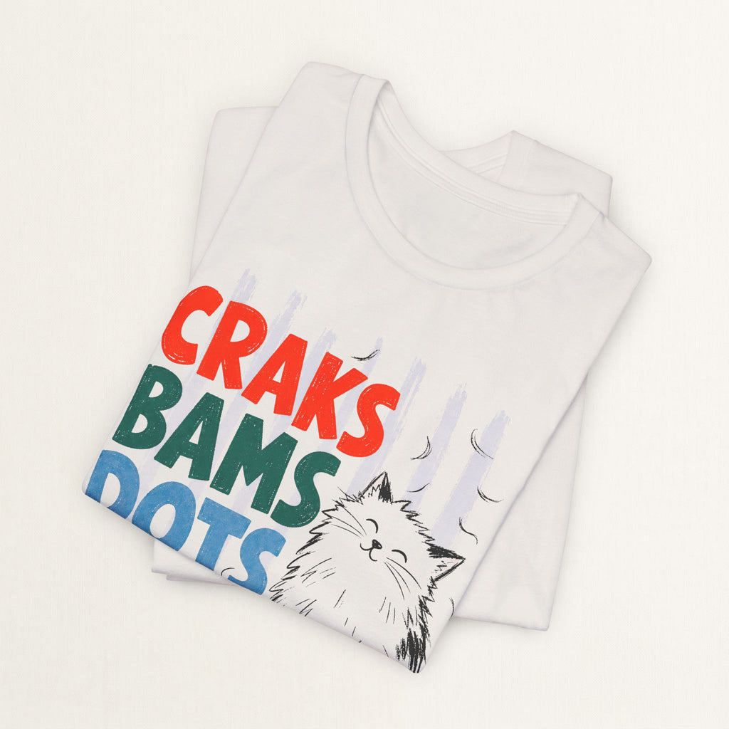 Folded vintage white Craks, Bams, Dots and Cat Hair mahjong cat t-shirt