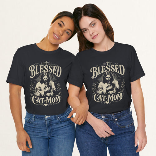 Couple wearing vintage black Blessed Cat Mom printed cat t-shirts