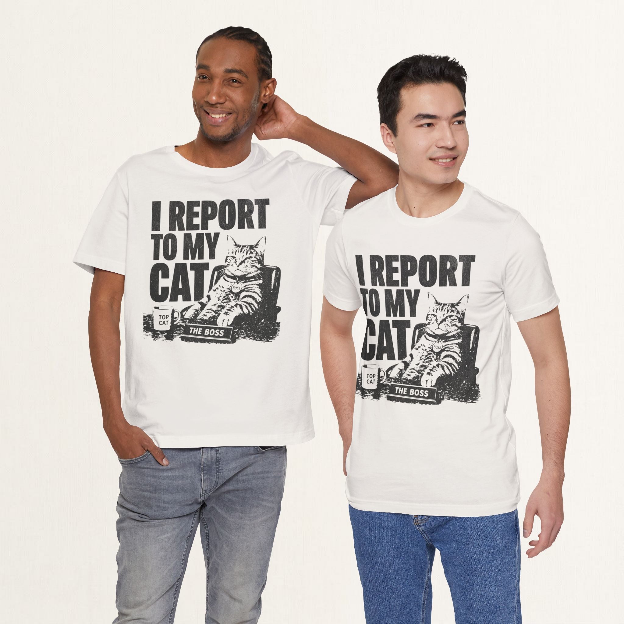 Folded vintage white I Report To My Cat t-shirt showing fabric and print detail
