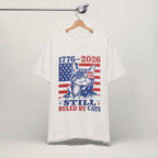 Close-up of Still Ruled By Cats patriotic print on vintage white unisex t-shirt