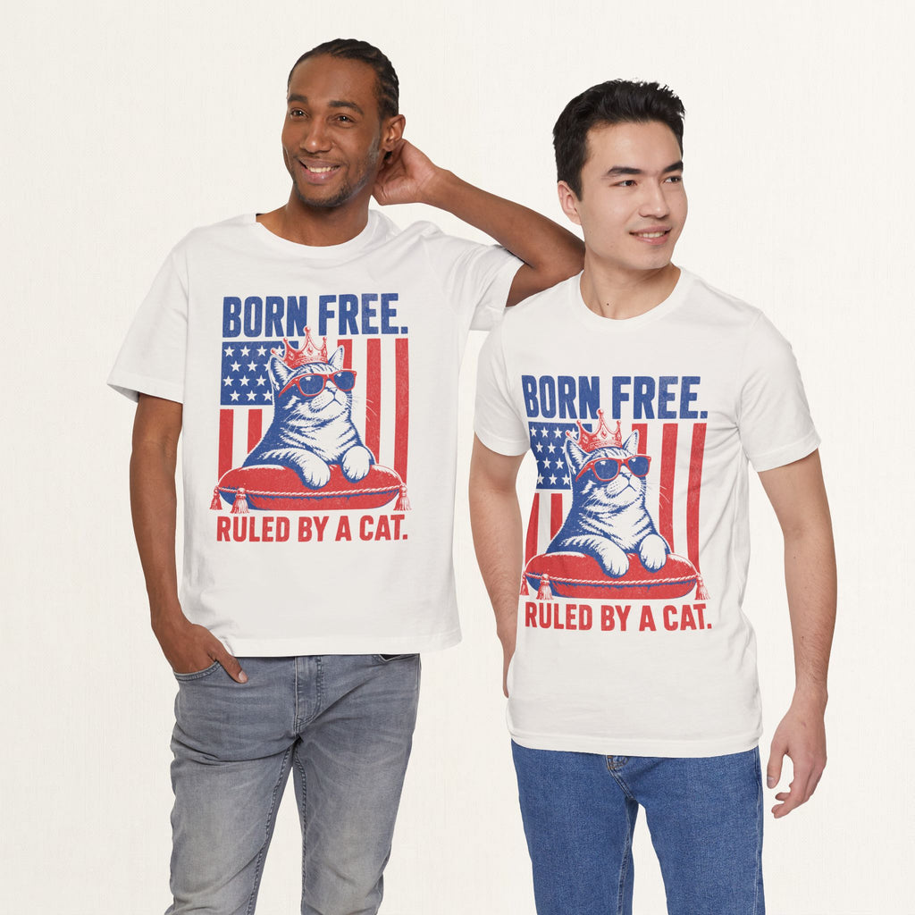 Model wearing vintage white Born Free Ruled By A Cat cat t-shirt
