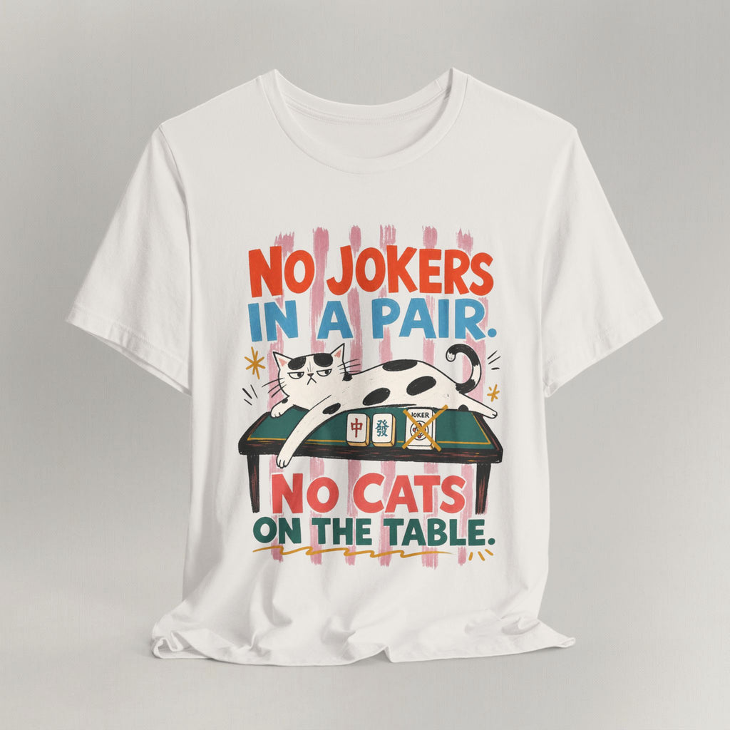 Vintage white cat t-shirt with a No Jokers In A Pair, No Cats On The Table mahjong design, shown flat