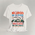 Vintage white cat t-shirt with a No Jokers In A Pair, No Cats On The Table mahjong design, shown flat