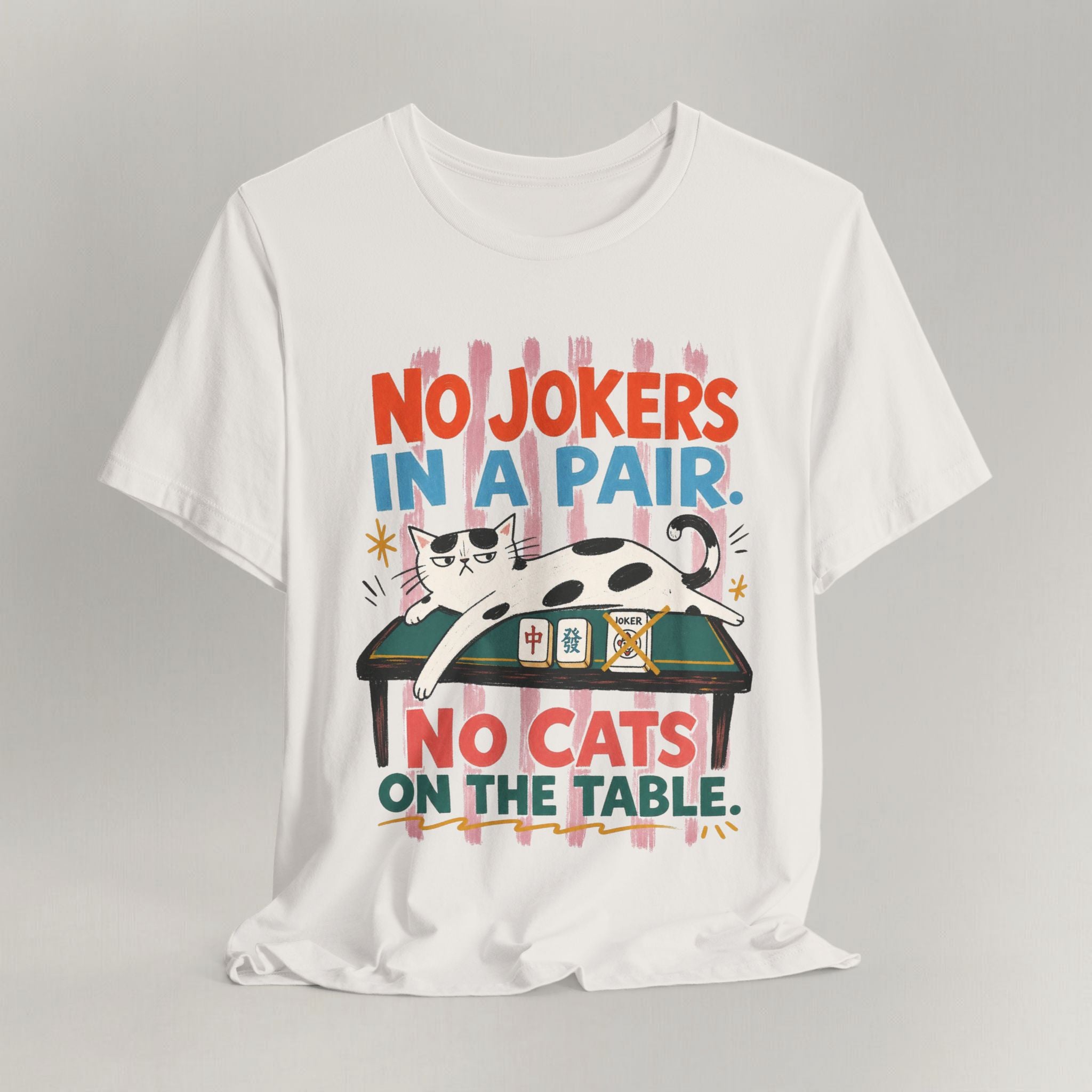 Vintage white cat t-shirt with a No Jokers In A Pair, No Cats On The Table mahjong design, shown flat