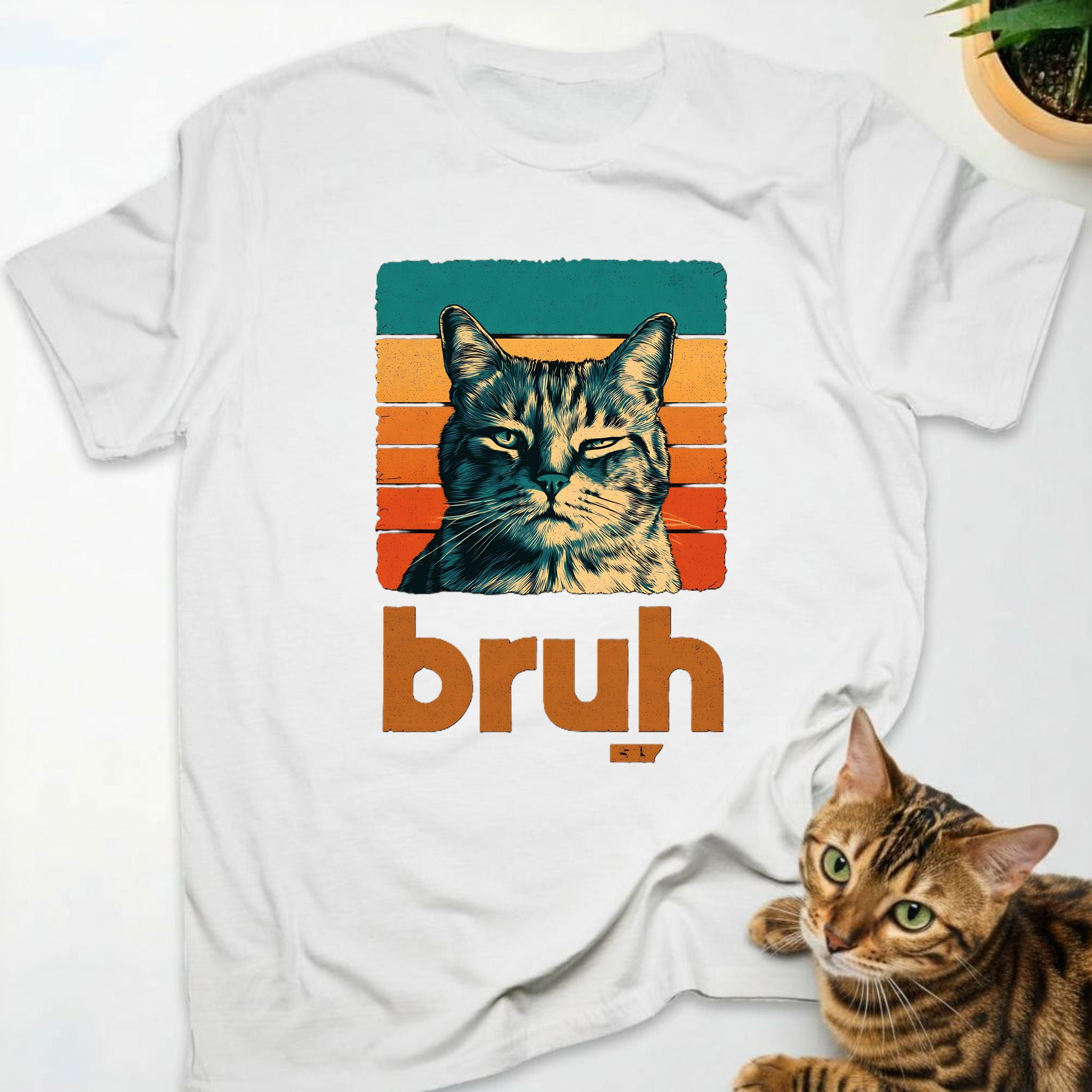 Domestic Shorthair Cat Retro Sunset "Bruh" T-Shirt