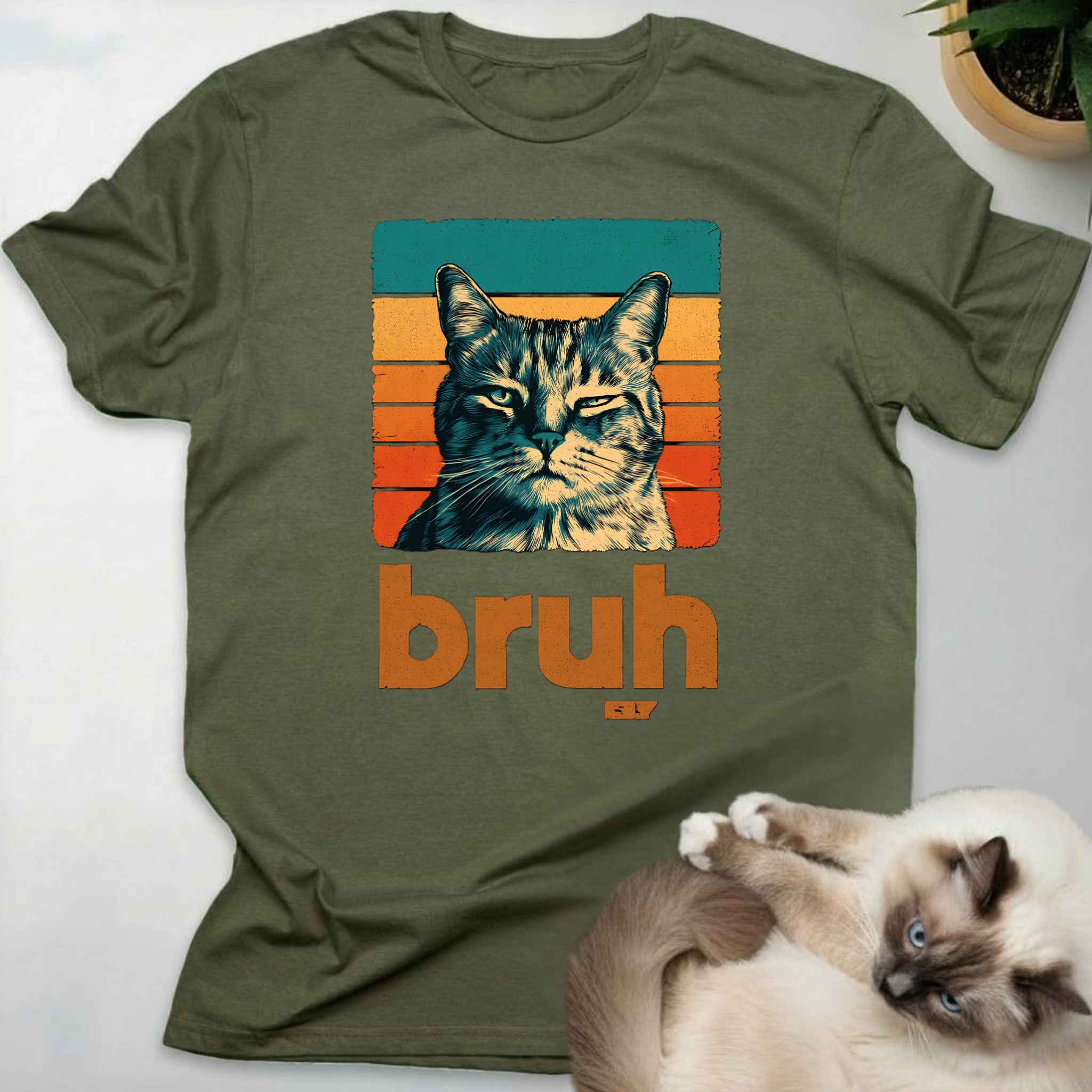 Domestic Shorthair Cat Retro Sunset "Bruh" T-Shirt