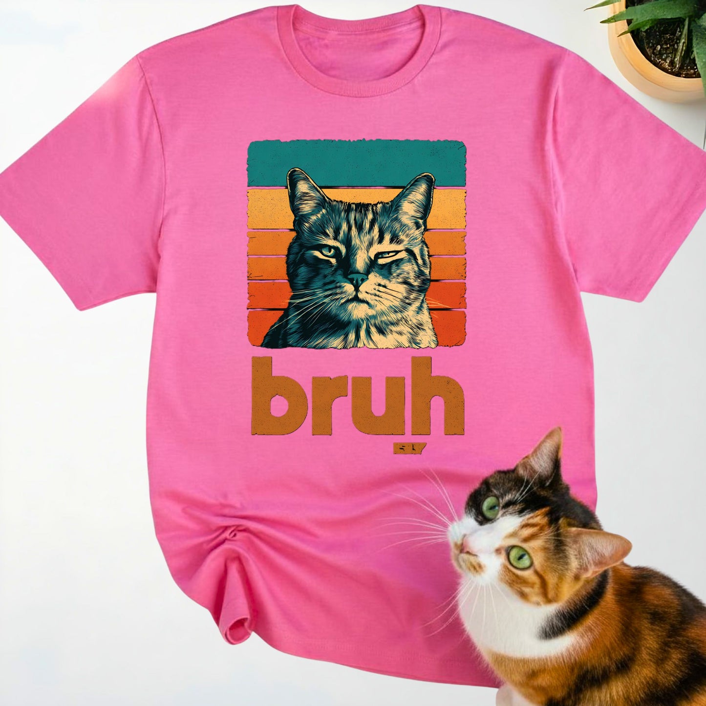 Domestic Shorthair Cat Retro Sunset "Bruh" T-Shirt