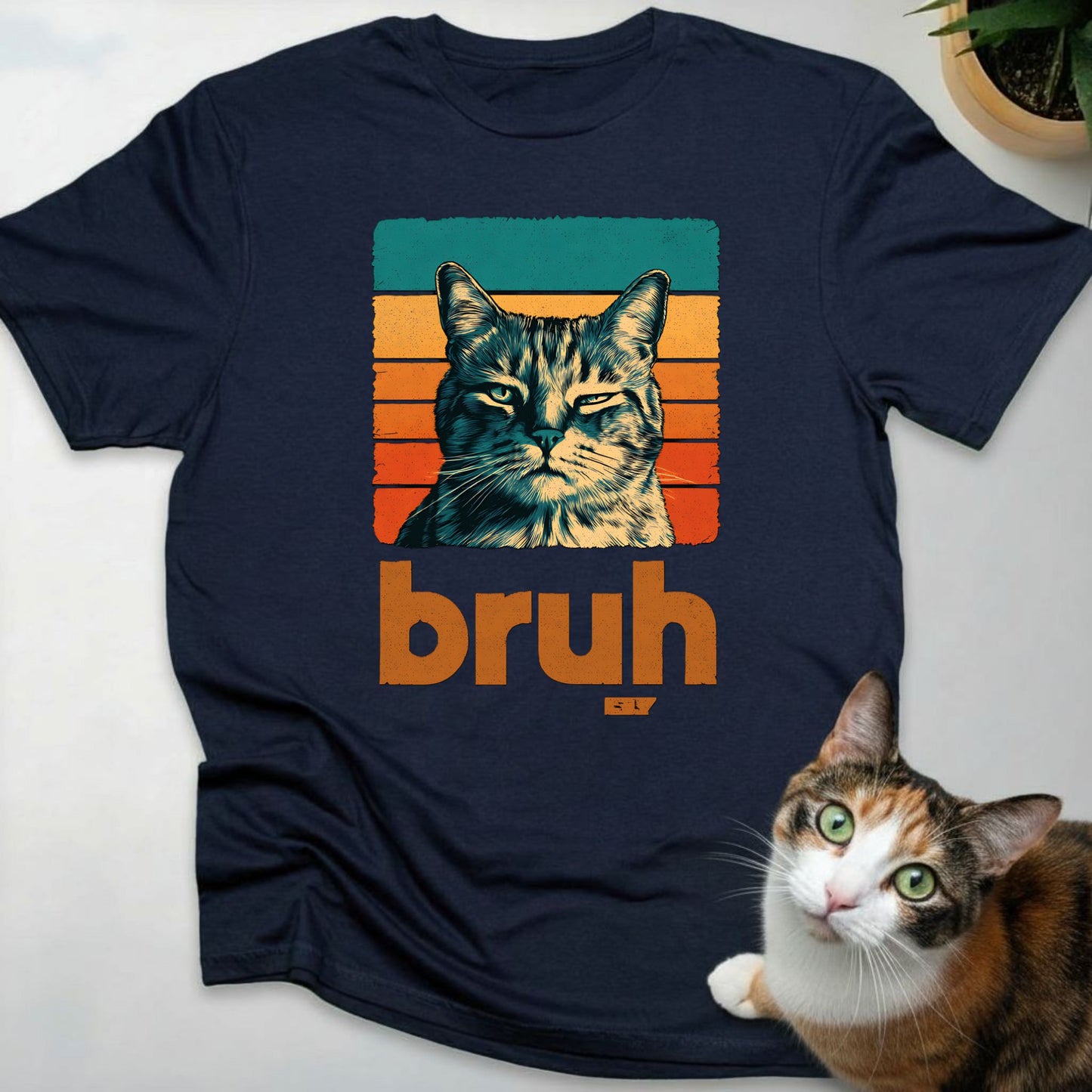 Domestic Shorthair Cat Retro Sunset "Bruh" T-Shirt