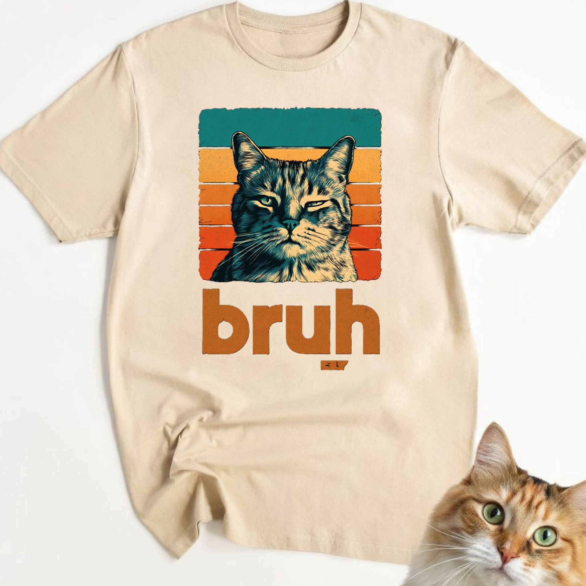 Domestic Shorthair Cat Retro Sunset "Bruh" T-Shirt