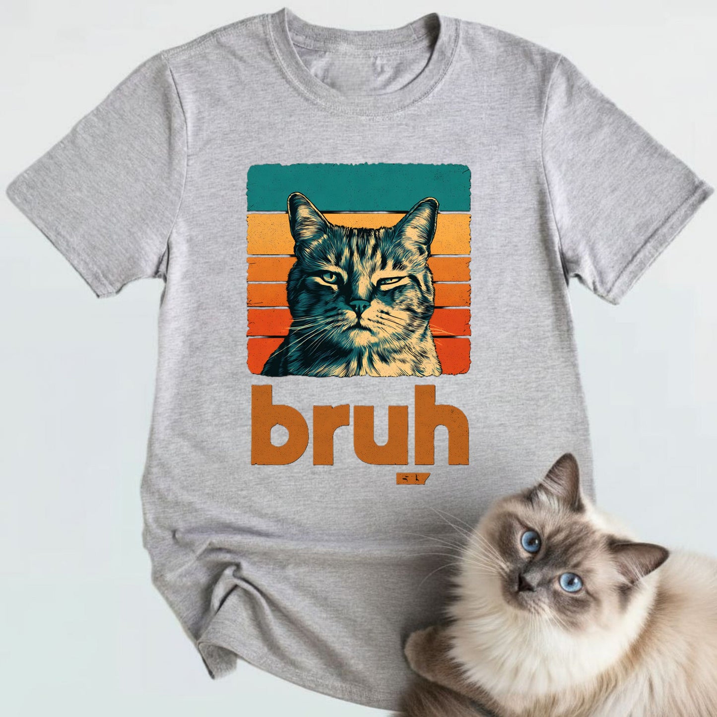 Domestic Shorthair Cat Retro Sunset "Bruh" T-Shirt