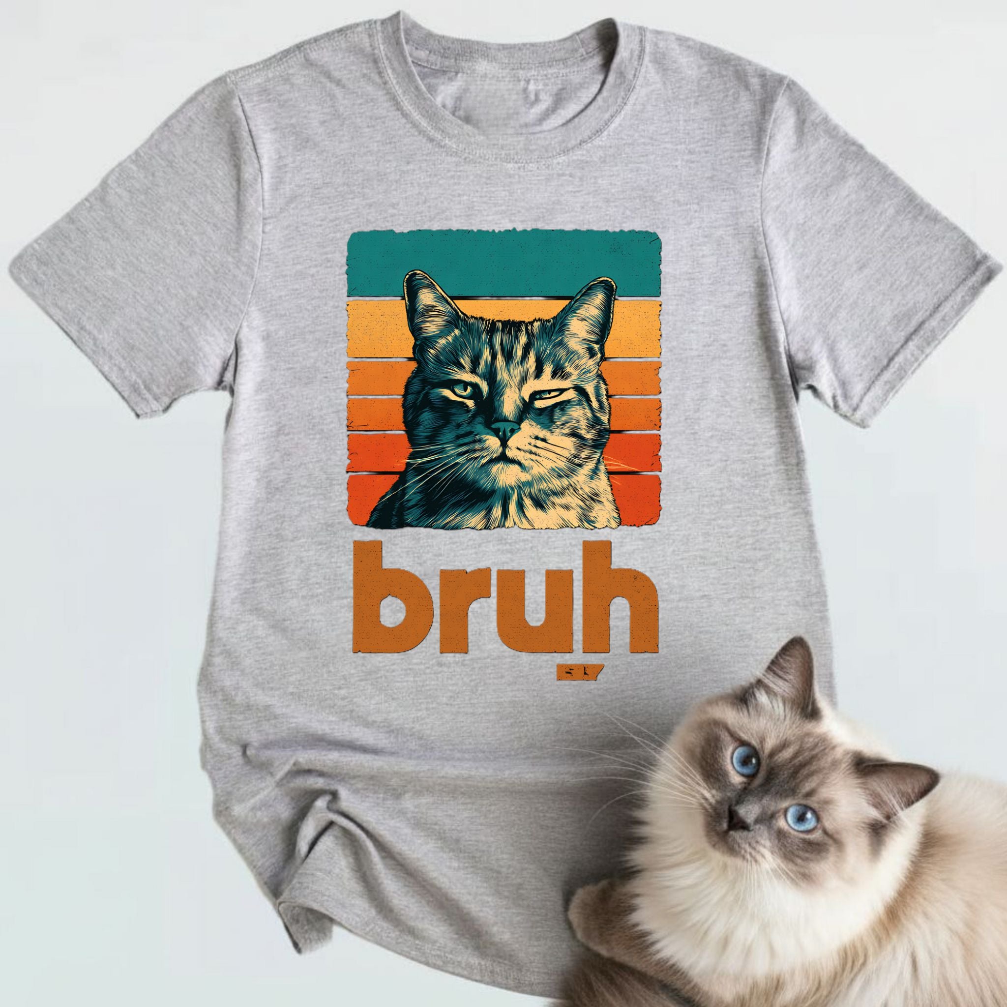 Domestic Shorthair Cat Retro Sunset "Bruh" T-Shirt