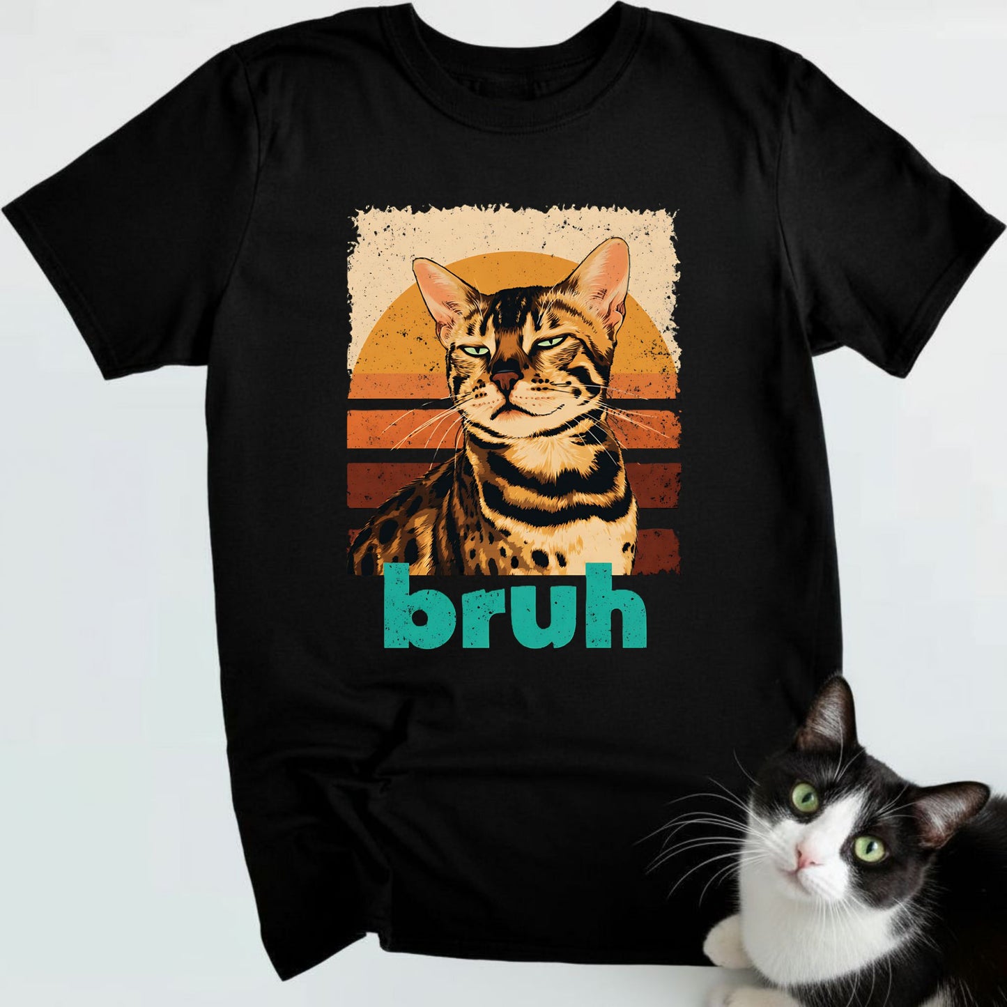 Bengal Cat Retro Sunset "Bruh" T-Shirt