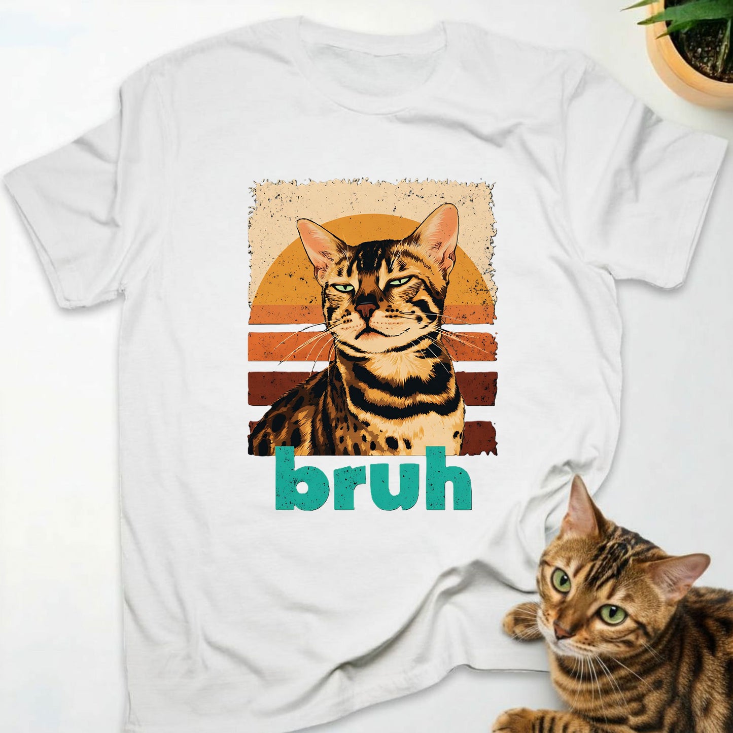 Bengal Cat Retro Sunset "Bruh" T-Shirt