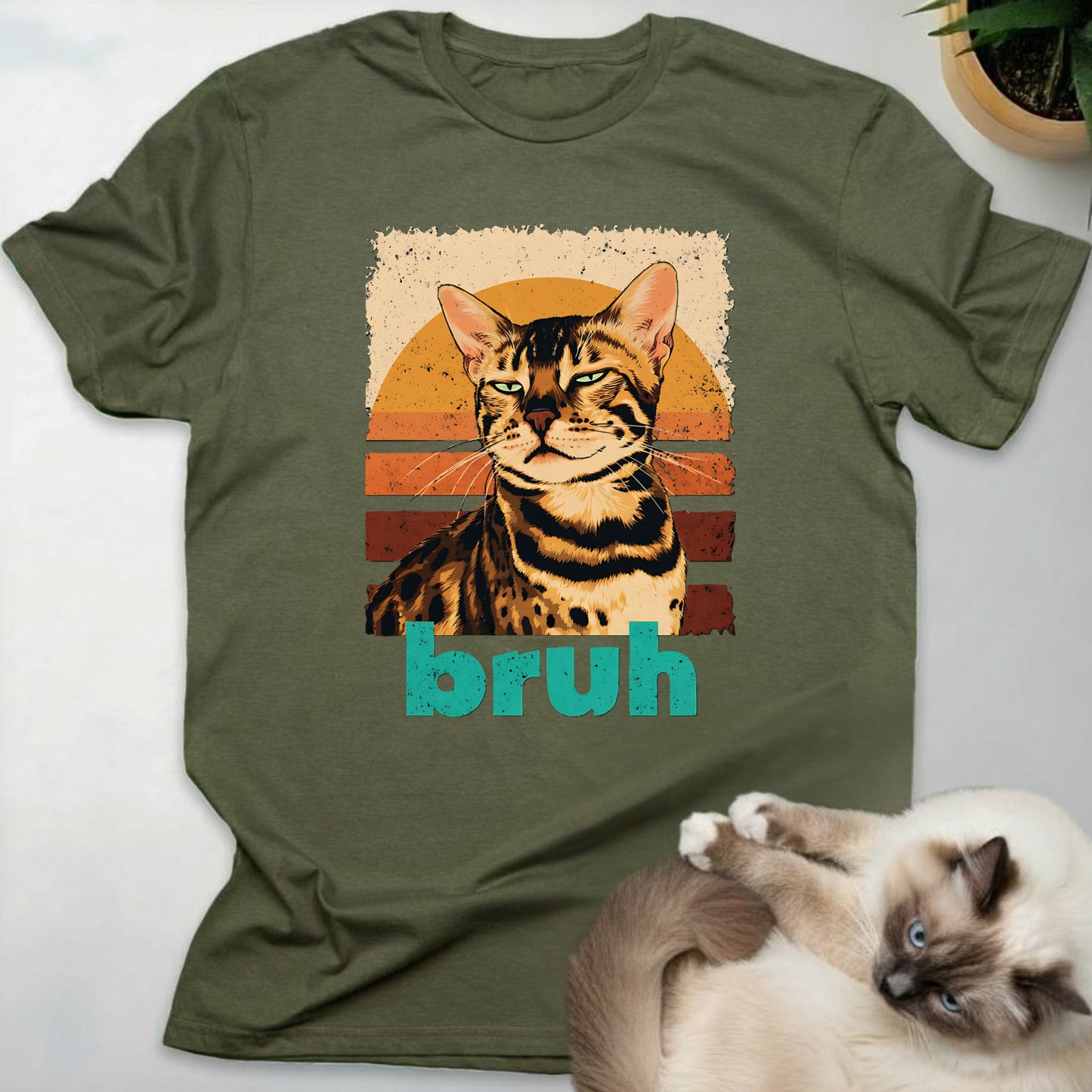 Bengal Cat Retro Sunset "Bruh" T-Shirt