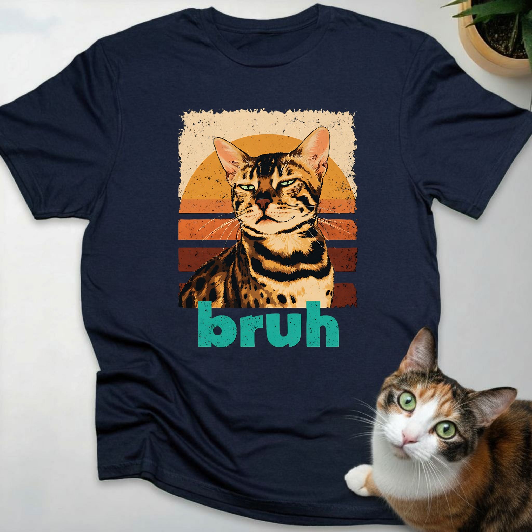 Bengal Cat Retro Sunset "Bruh" T-Shirt