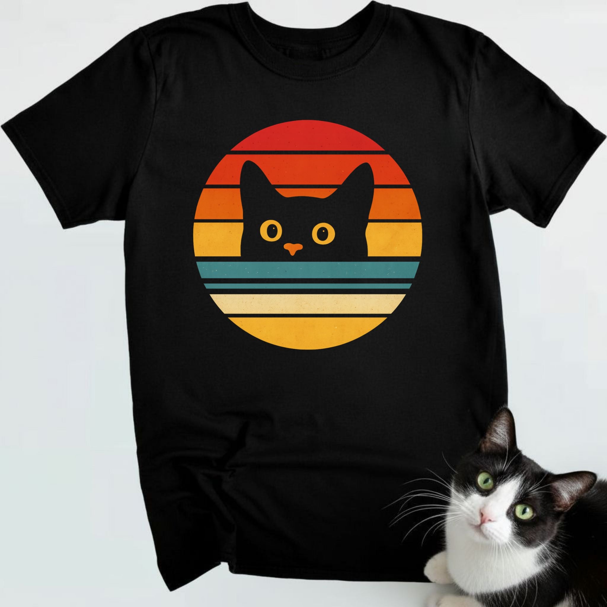 Retro Sunset Cat Face T-Shirt