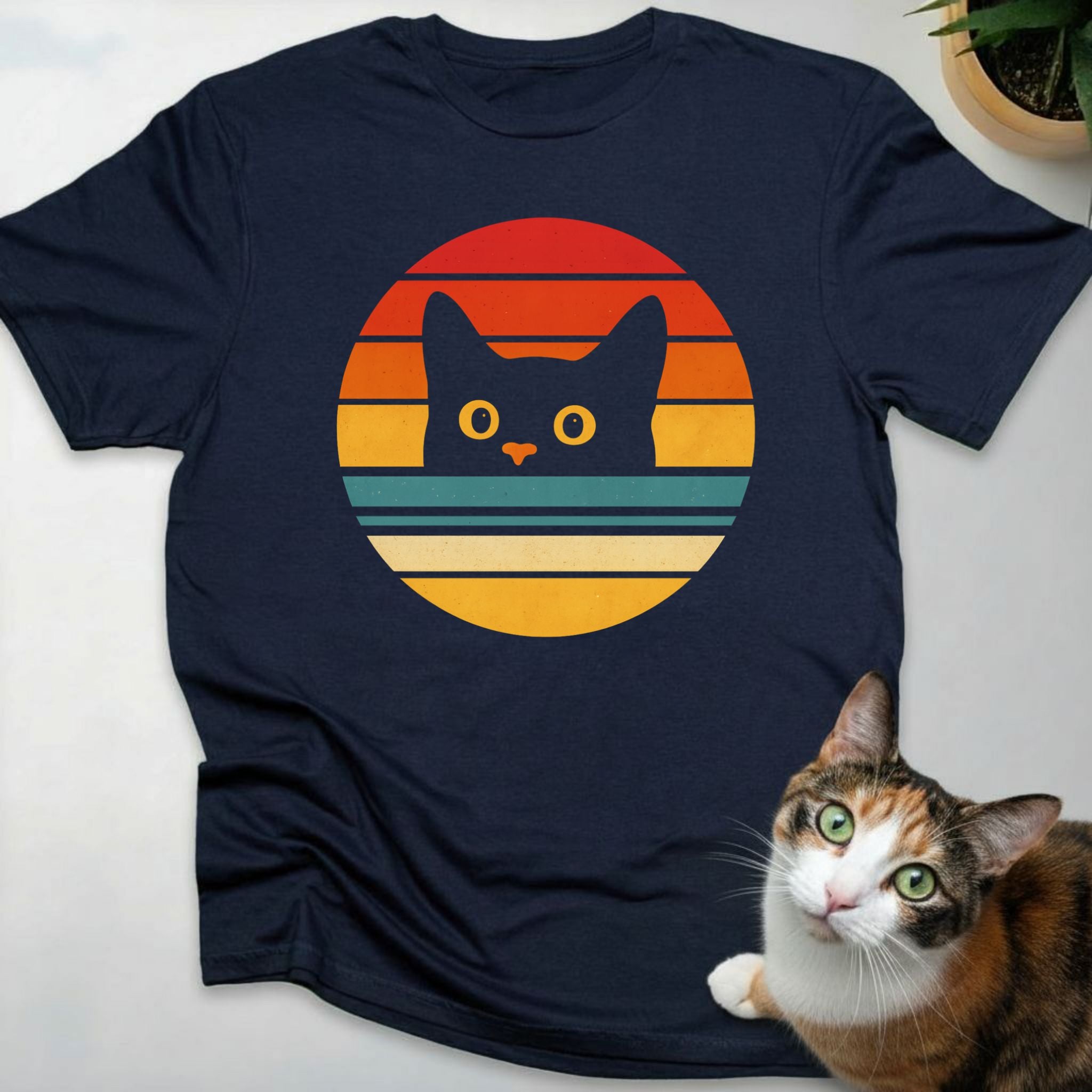 Retro Sunset Cat Face T-Shirt