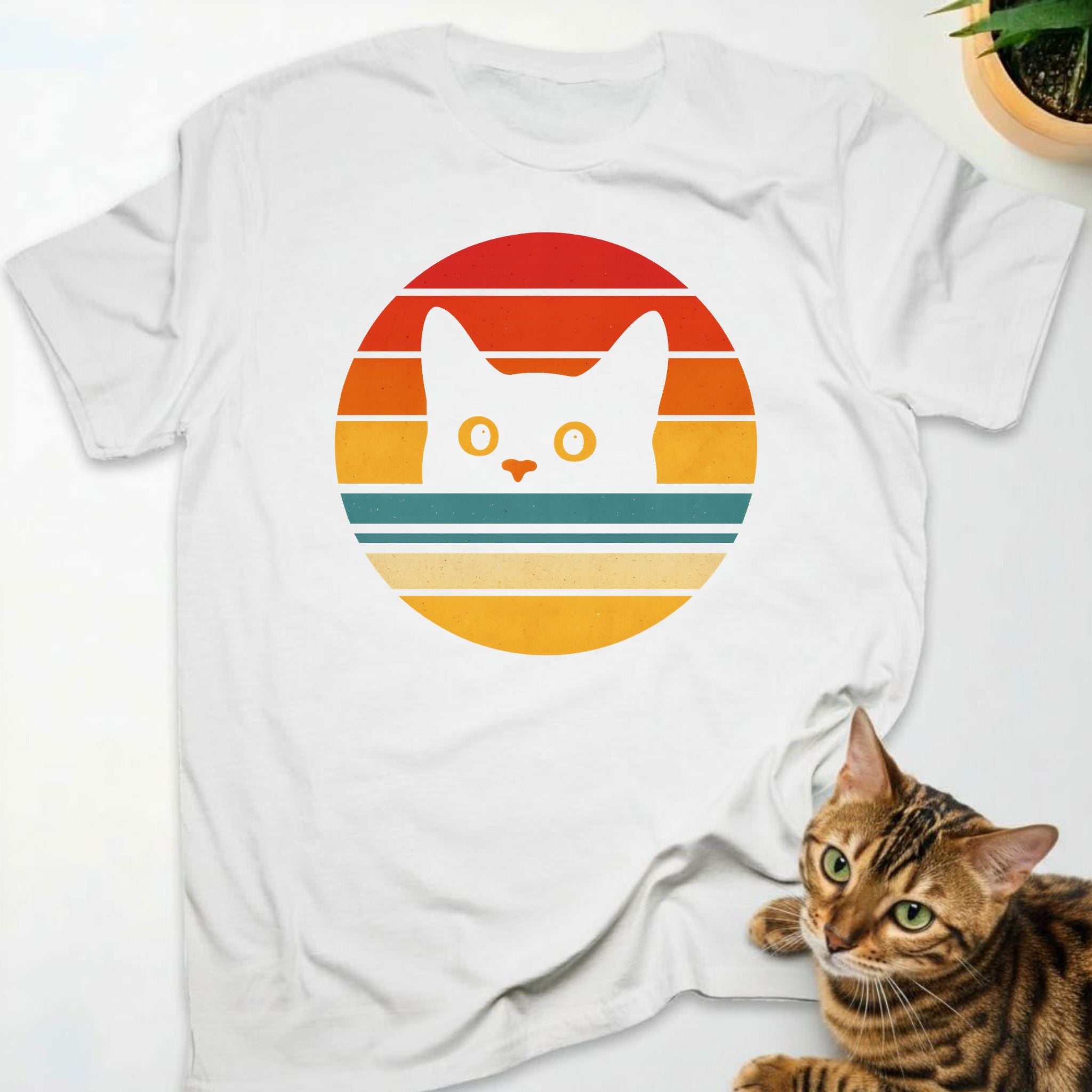 Retro Sunset Cat Face T-Shirt