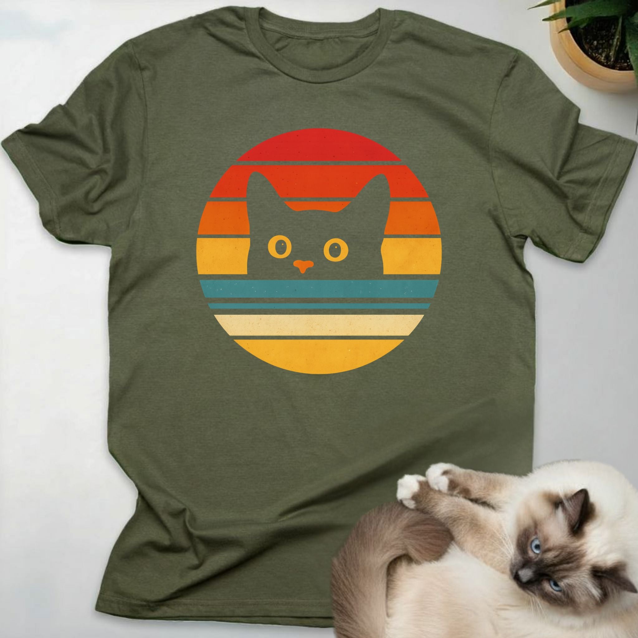 Retro Sunset Cat Face T-Shirt