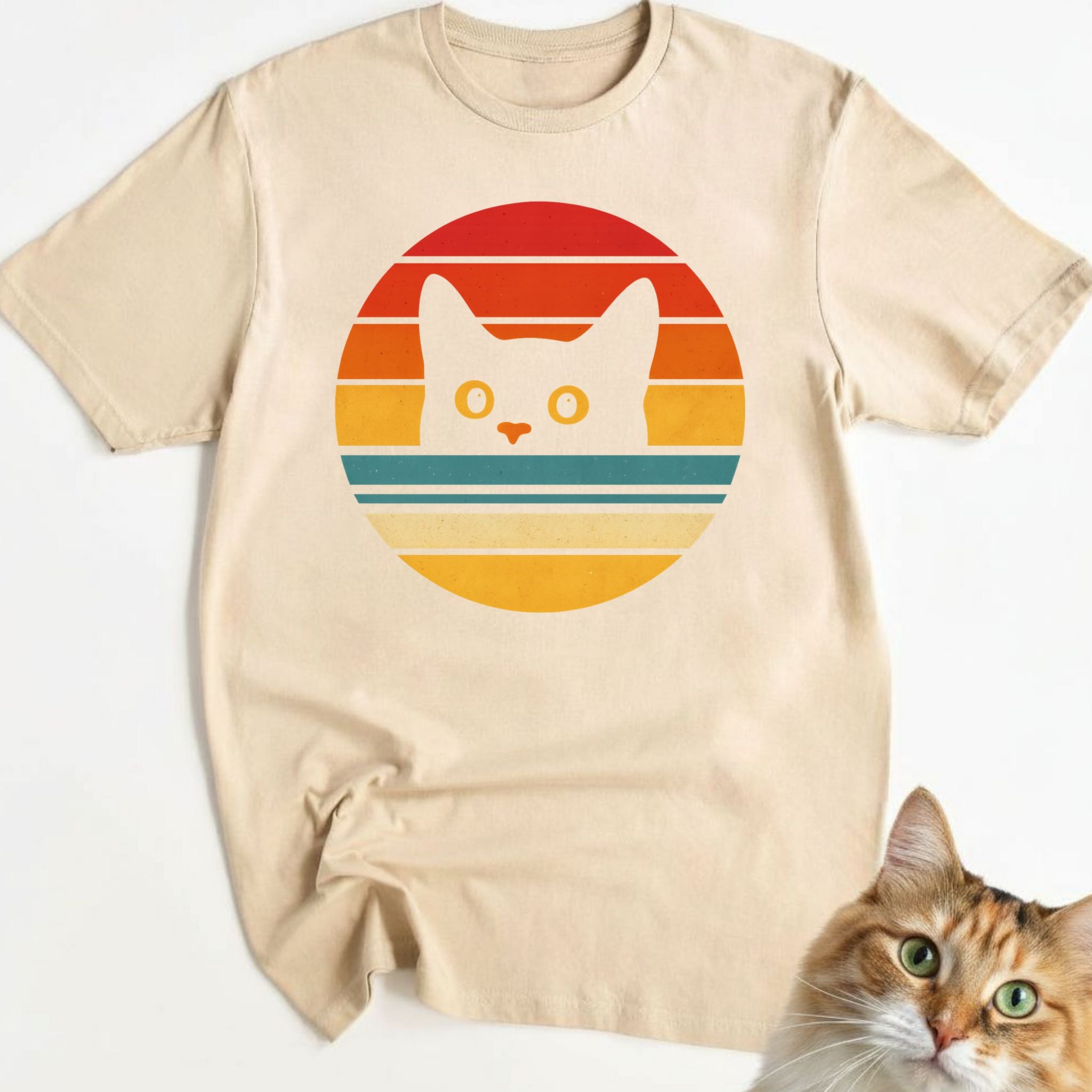 Retro Sunset Cat Face T-Shirt