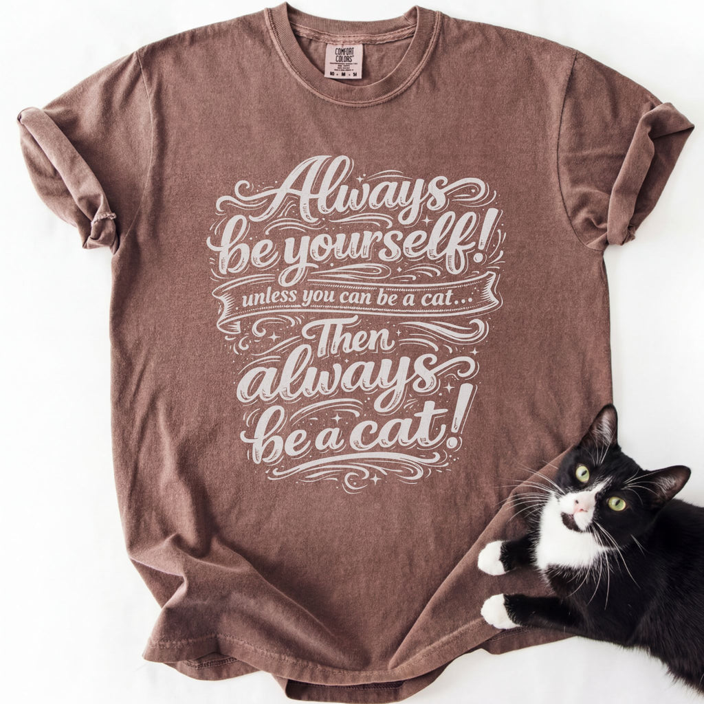 Brown soft-washed cat owner t-shirt with "Always Be a Cat" decorative text print