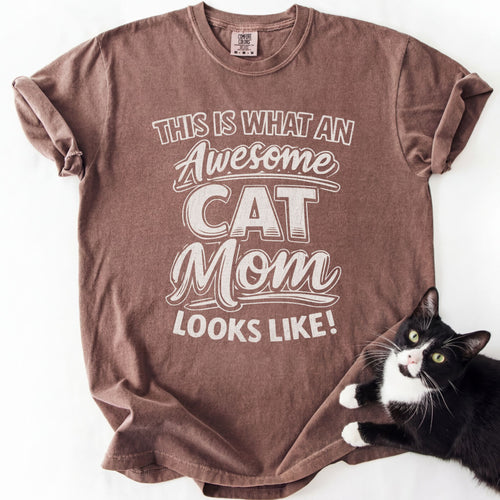 Brown soft-washed cat mom shirt with distressed "Awesome Cat Mom" white lettering