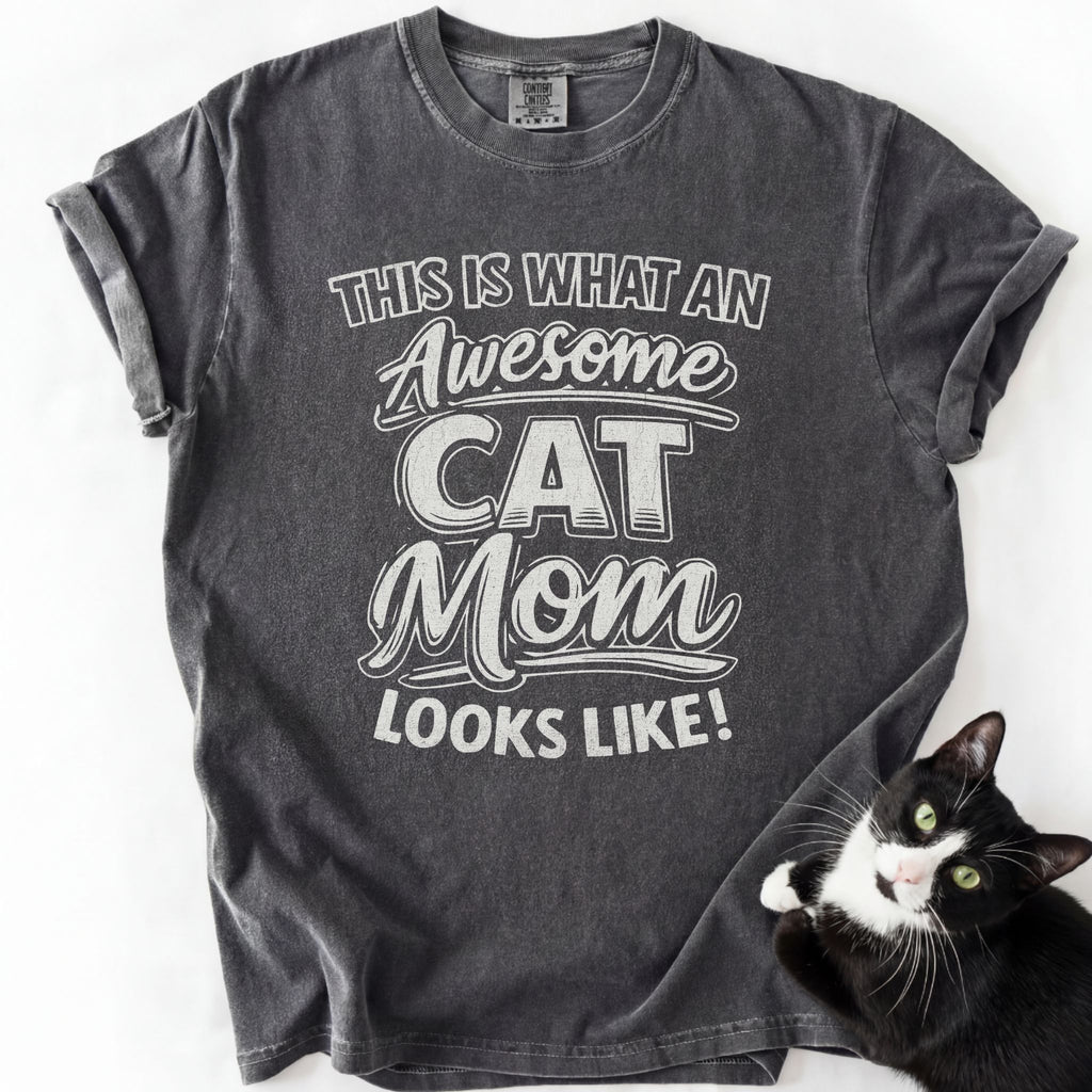 Dark gray proud cat mom t-shirt with bold "Awesome Cat Mom" distressed block text
