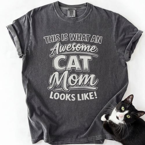 Dark gray proud cat mom t-shirt with bold "Awesome Cat Mom" distressed block text