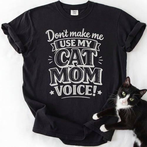Black cat mom t-shirt with "Cat Mom Voice" distressed white lettering — graphic tee