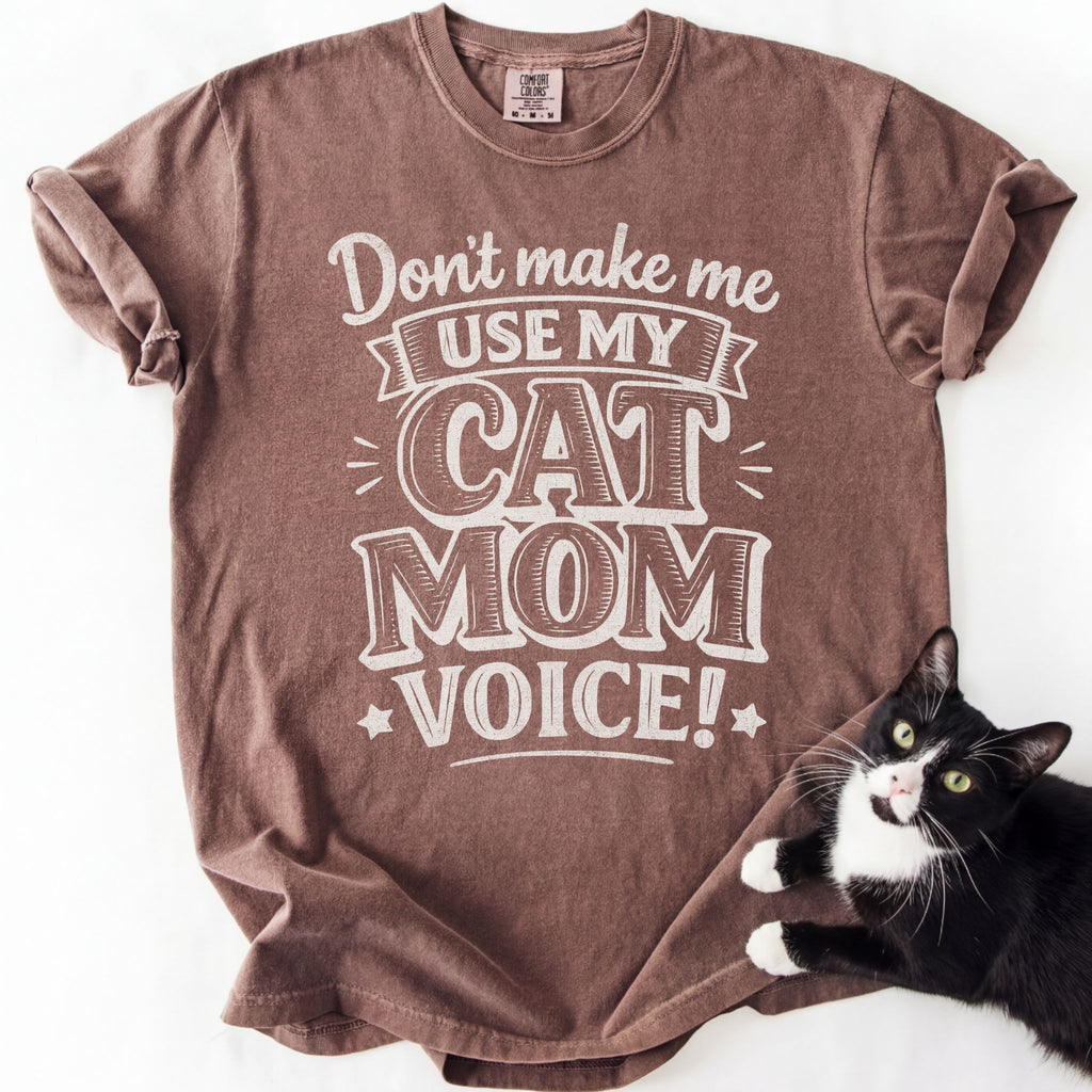 Brown soft-washed funny cat mom t-shirt with "Cat Mom Voice" distressed graphic