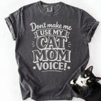 Dark gray garment-dyed cat mom voice shirt with distressed text print