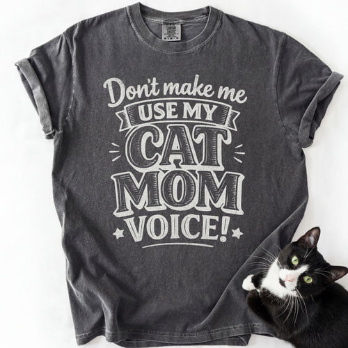 Dark gray garment-dyed cat mom voice shirt with distressed text print