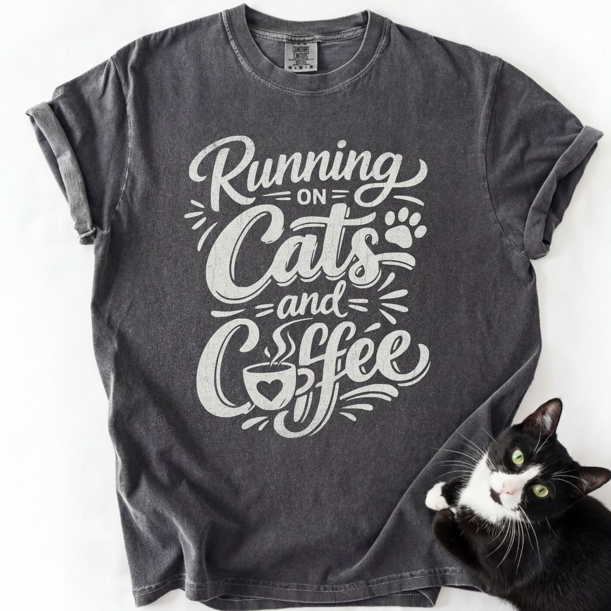 Dark gray cat lover tee with "Running on Cats and Coffee" graphic print — garment-dyed
