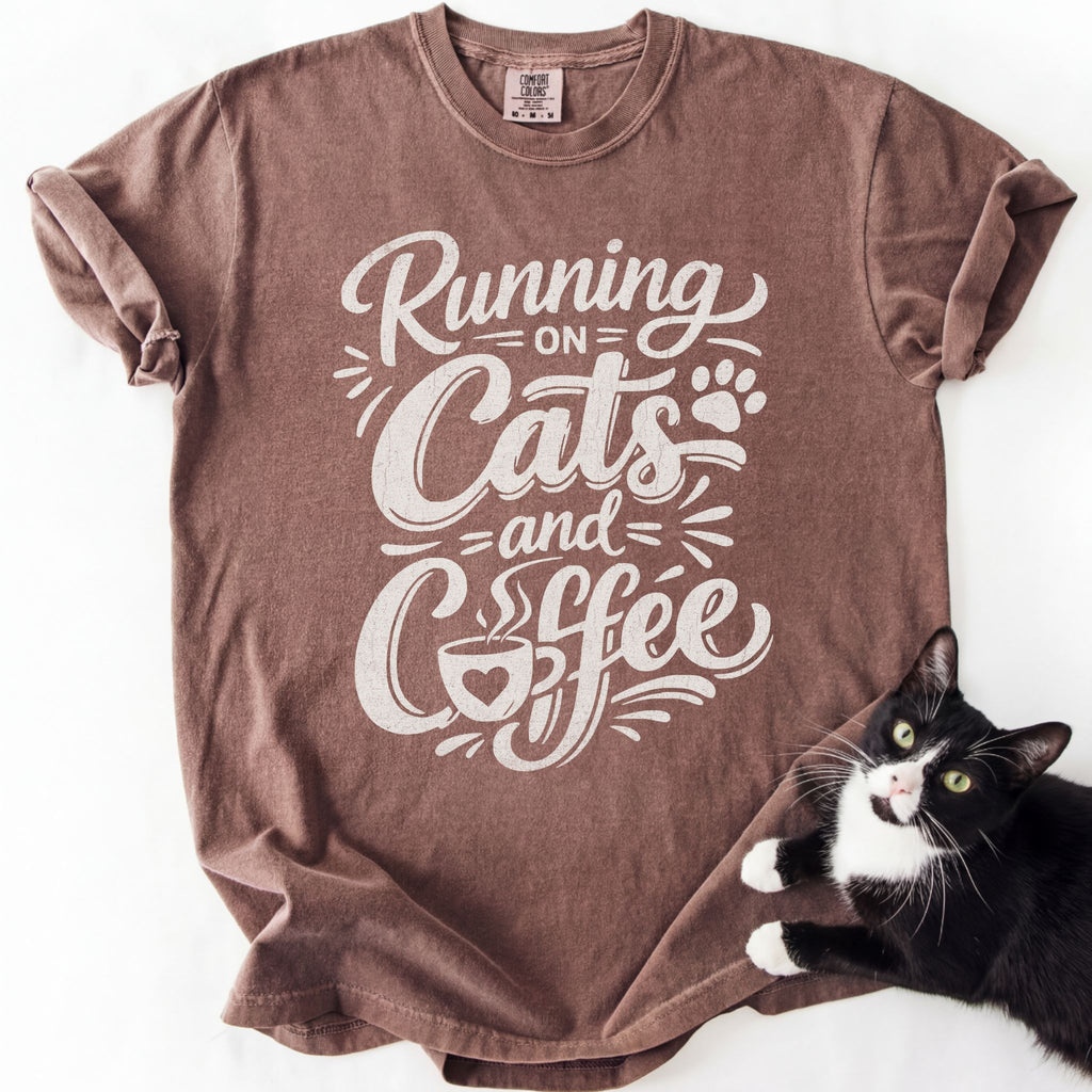 Brown soft-washed cat owner shirt with "Running on Cats and Coffee" design