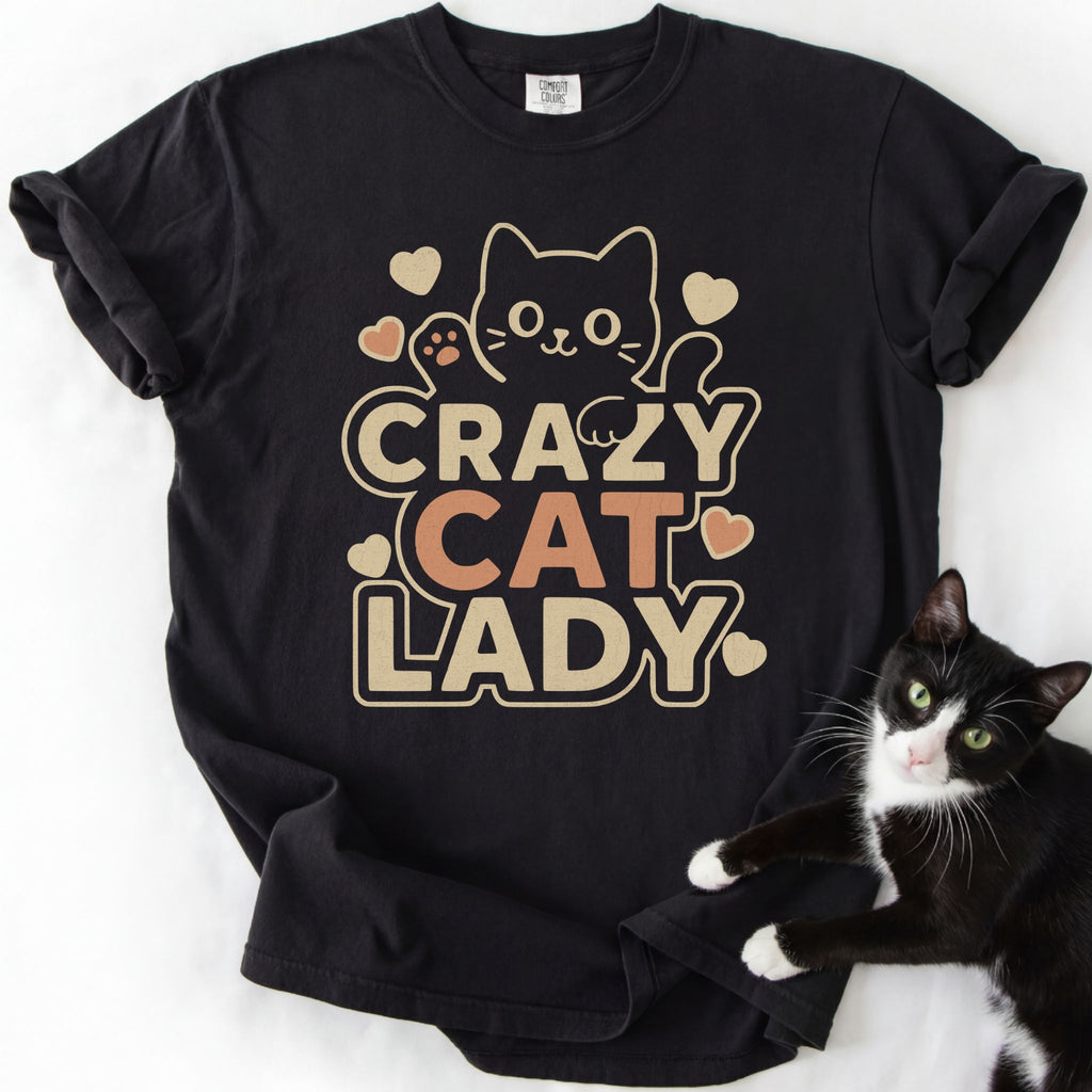 Black crazy cat lady shirt with cartoon cat and hearts graphic — funny cat t-shirt