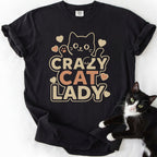 Black crazy cat lady shirt with cartoon cat and hearts graphic — funny cat t-shirt