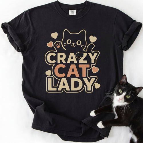 Black crazy cat lady shirt with cartoon cat and hearts graphic — funny cat t-shirt