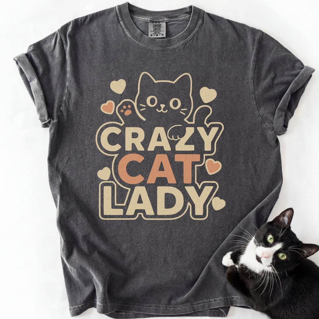 Dark gray cat lover tee with cute cartoon cat and heart motifs — garment-dyed cotton