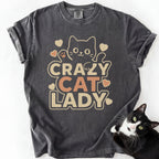 Dark gray cat lover tee with cute cartoon cat and heart motifs — garment-dyed cotton
