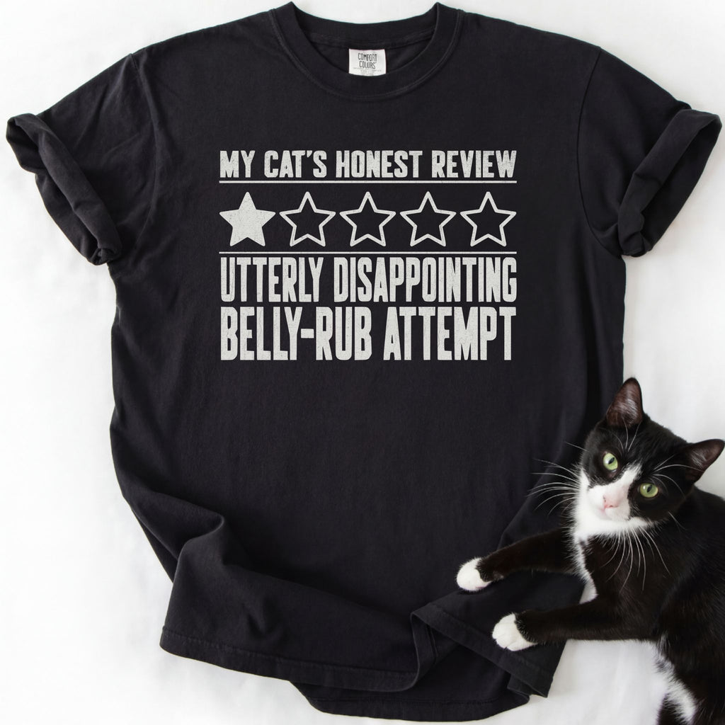 Black funny cat t-shirt with "My Cat's Honest Review" humorous rating graphic and cat photo