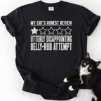 Black funny cat t-shirt with "My Cat's Honest Review" humorous rating graphic and cat photo