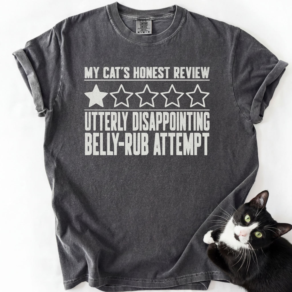 Dark gray cat humor graphic tee with "My Cat's Honest Review" distressed text and rating