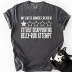 Dark gray cat humor graphic tee with "My Cat's Honest Review" distressed text and rating