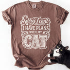 Brown soft-washed cat owner tee with "Plans With My Cat" print and cat photo design