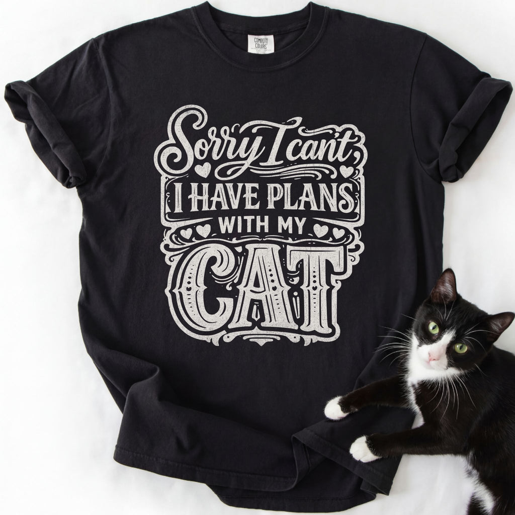 Black funny cat t-shirt with "Plans With My Cat" text and cat photo graphic