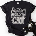 Black funny cat t-shirt with "Plans With My Cat" text and cat photo graphic