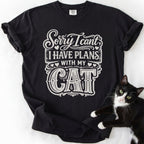 Black funny cat t-shirt with "Plans With My Cat" text and cat photo graphic